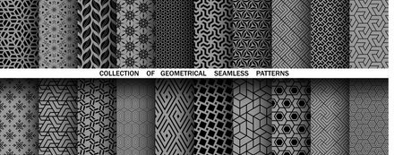 Geometric set of seamless black and gray patterns. Simple vector graphicsのイラスト素材