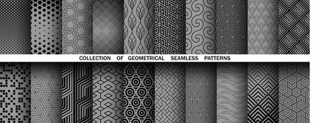 Geometric set of seamless black and gray patterns. Simple vector graphicsのイラスト素材