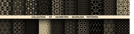 Geometric set of seamless black and golden patterns. Simple vector graphicsのイラスト素材