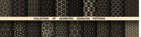 Geometric set of seamless black and golden patterns. Simple vector graphicsのイラスト素材