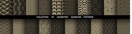 Geometric set of seamless black and golden patterns. Simple vector graphicsのイラスト素材