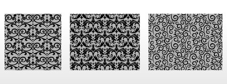 Geometric floral set of seamless patterns. Gray and black vector backgrounds. Damask graphic ornamentsのイラスト素材