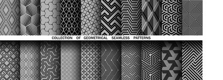 Geometric set of seamless black and gray patterns. Simple vector graphicsのイラスト素材