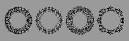 Set of decorative frames Elegant vector element for design in Eastern style, place for text. Floral black and gray borders. Lace illustration for invitations and greeting cardsのイラスト素材