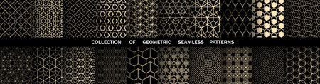 Geometric set of seamless black and golden patterns. Simple vector graphics