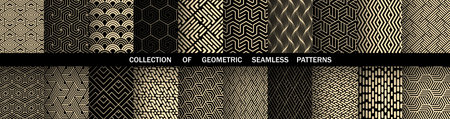 Geometric set of seamless black and golden patterns. Simple vector graphicsのイラスト素材