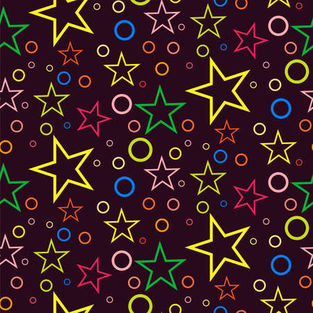 Seamless geometric pattern of circles and stars on a dark background. Can be used for packaging,invitations,textile design, template.のイラスト素材