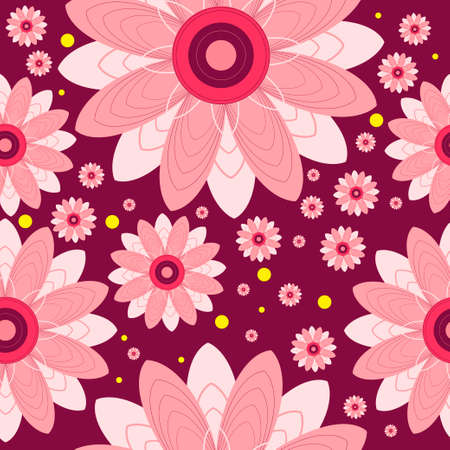 Seamless pattern of flowers and circles. flowers on burgundy backgroundのイラスト素材