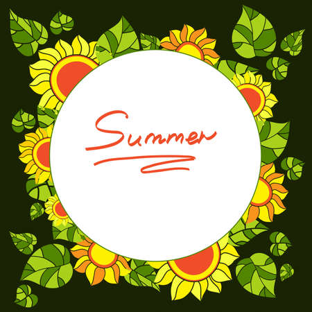 Round frame with sunflowers and green leaves on a dark background. Vector illustration, eps-10のイラスト素材