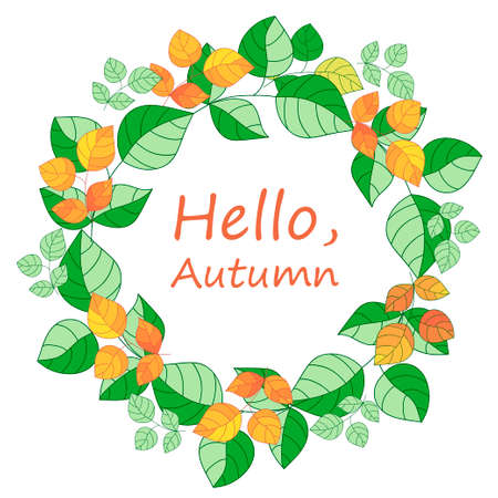 Autumnal round frame. Background with hand drawn autumn leaves. Fall of the leaves. Design elements. Vector illustration.のイラスト素材