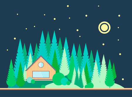 The wooden house on the edge of the pine forest. Night landscape with the moon and stars in style flat. Taiga.のイラスト素材