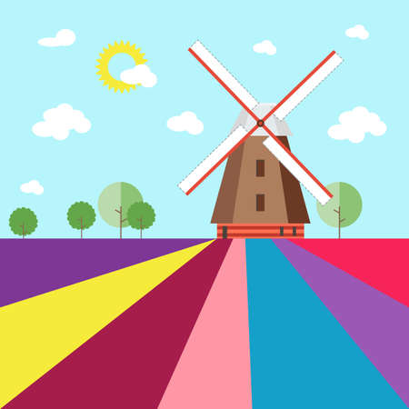 Mill in abstract lavender fields with trees. Illustration in flat styleのイラスト素材