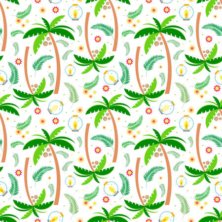 Summer seamless pattern. Tropical background of palm trees, bulbs, plants and flowers on a light backgroundのイラスト素材
