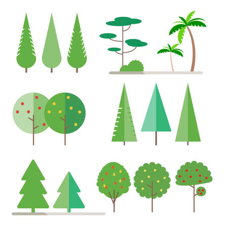 Set trees in flat style - spruce, fir-tree, pine, apple, pear, Palm tree. Bush. Vector illustrationのイラスト素材