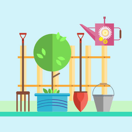 Garden. Fence. Tree in a pot, a seedling. Garden tools shovel, forks, rake, bucket, watering can. Illustration in the style of flat.のイラスト素材