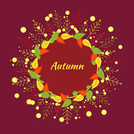 Autumn round frame of red, yellow, green, orange decorative leaves and splatter paint on a red background. Vectorのイラスト素材