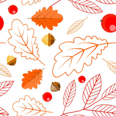 Seamless pattern of oak leaves, leaves and Rowan berries, acorns. Botanical pattern on a white background. Autumnのイラスト素材