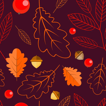 Seamless pattern of oak leaves, leaves and Rowan berries, acorns.The Botanical pattern on a dark background. Autumnのイラスト素材