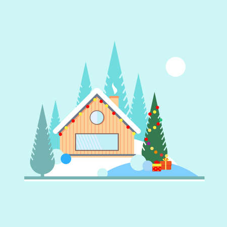 Christmas and new year in the forest. Christmas tree with toys outdoors. Wooden house with a garland in the woods on the edge of the forest. Landscape in flat style.のイラスト素材