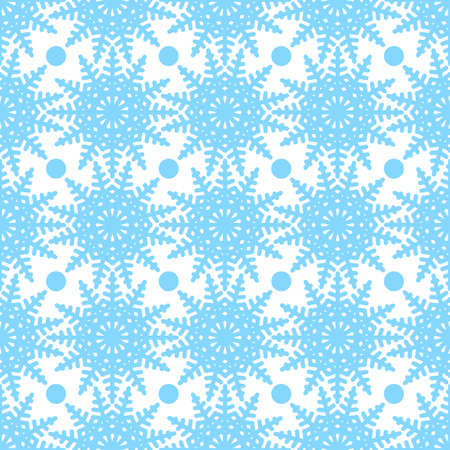 Symmetric seamless pattern of snowflakes and circles on a white background. Design in blue color....
