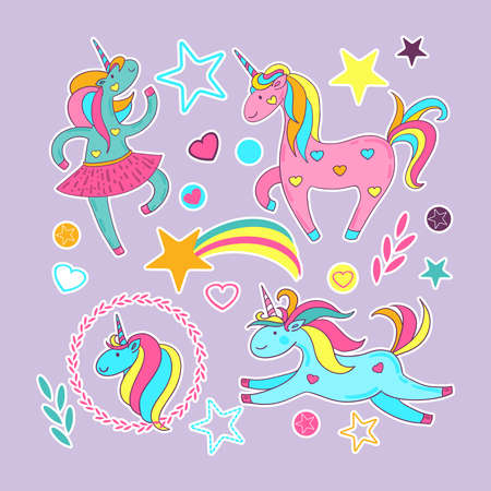 Set of stickers - cute cartoon unicorns, stars, hearts, circles, plants, rainbow. Vector illustration of hand-drawnのイラスト素材