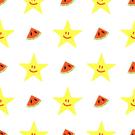 Summer seamless pattern of watermelon slices and smiling stars. Vector background.のイラスト素材
