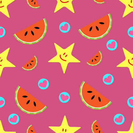 Summer Seamless pattern of smiling stars, watermelon slices and hearts on pink background.Vectorのイラスト素材