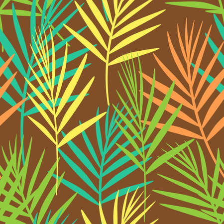 Seamless floral pattern of tropical leaves on brown background. Summer. Vectorのイラスト素材