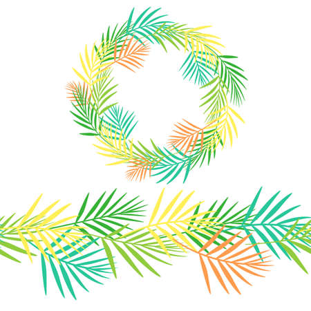 Seamless horizontal pattern of colorful abstract tropical leaves. Vegetable round frame. Isolated vector illustration. Flatのイラスト素材