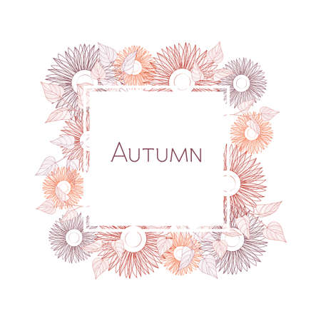 Square frame of sunflowers. Line drawing on white background. Autumn. Hand drawn vector.のイラスト素材