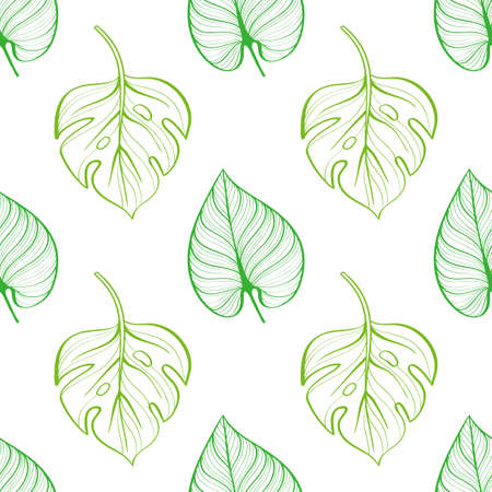 Seamless pattern of tropical leaves on light background. Hand-drawn line drawing. Summer pattern of silhouettesのイラスト素材