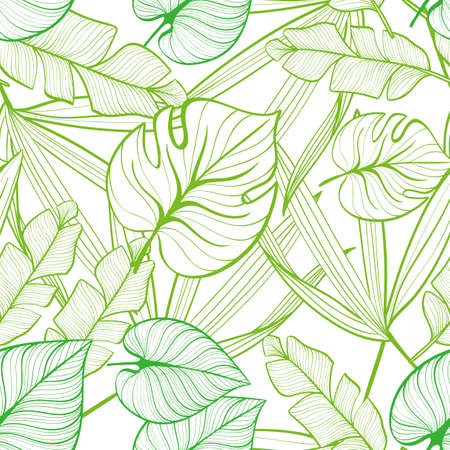 Seamless floral pattern with tropical leaves. Line drawing. Hand-drawn illustration.のイラスト素材