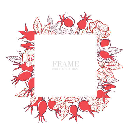 Square frame with flowers, leaves and rosehip berries. Hand-drawnのイラスト素材