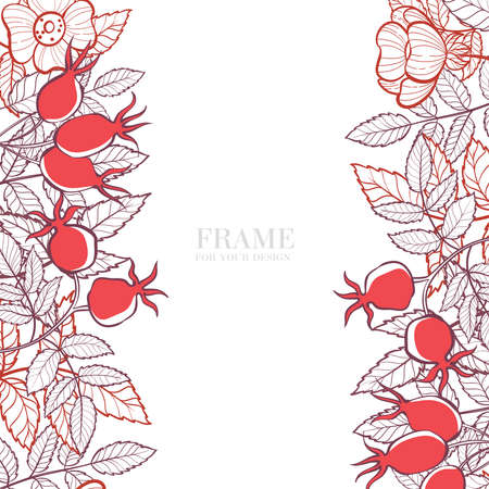 Frame of berries and leaves of wild rose. Stylized card for your design. Hand-drawn illustration.のイラスト素材