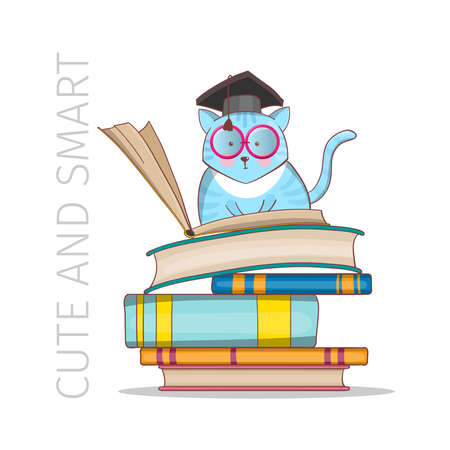 Smart cat with glasses on a stack of books. The kitten is learning. Hand-drawn illustration.のイラスト素材