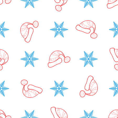 Seamless Christmas and new year pattern with snowflakes and Santa Claus hat. Hand-drawn illustration. Background for wrapping paperのイラスト素材