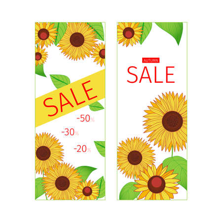 Set of autumn banners with leaves and sunflowers. Sale. Template for your design. Hand-drawn illustration.のイラスト素材