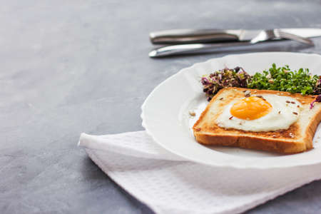 A sandwich with egg in the hole of the bread, microgreens, healthy food Breakfast, gray backgroundの写真素材