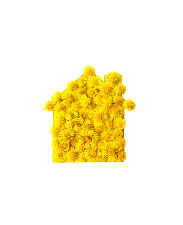 Home Silhouette Filled with Yellow Spring Flowers Paper Cutout Family Symbol Background Spring Concepの写真素材