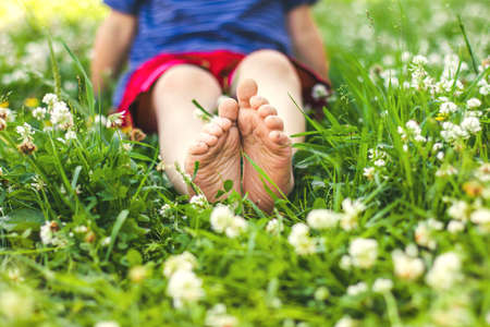 Children's legs of a boy sitting on the green sunny grass, selective focus, soft focusの写真素材
