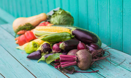 Assortment of fresh organic farm vegetables on a painted blue wooden background. Country-style market concept, local garden products, clean food dietの写真素材