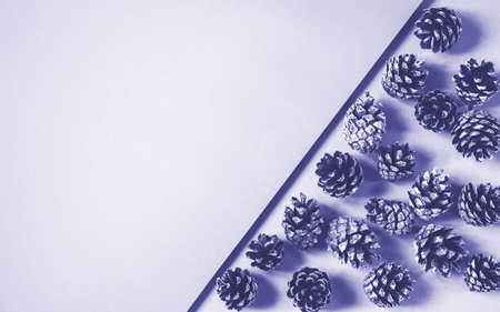 Very peri color of the year 2022. Trendy concept. cones on a purple background, space for text New Year or Christmas concept. Flat layoutの写真素材