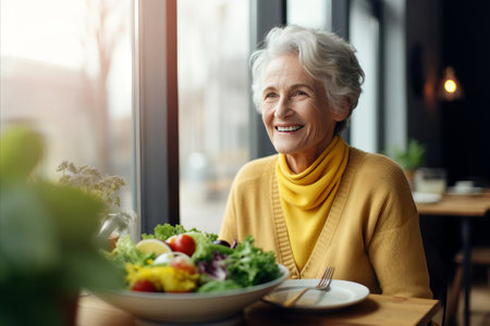 A happy elderly woman in a yellow sweater is sitting in a cafe and eating a vegetable salad, proper nutrition, a healthy lifestyleの素材