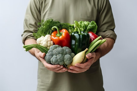 An elderly man holding a set of fresh vegetables in his hands. On a gray background. Proper nutrition and a healthy lifestyleの素材