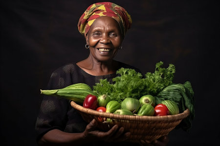 Portrait of an elderly smiling African American woman holding a set of fresh vegetables. On a dark background. Proper nutrition and a healthy lifestyleの素材