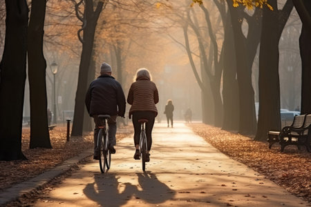an elderly couple rides bicycles in autumn, a healthy active lifestyleの素材