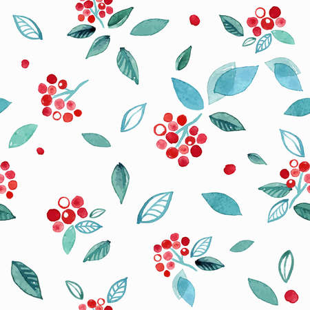 Watercolor pattern with branches rowanberry. Winter cuteのイラスト素材