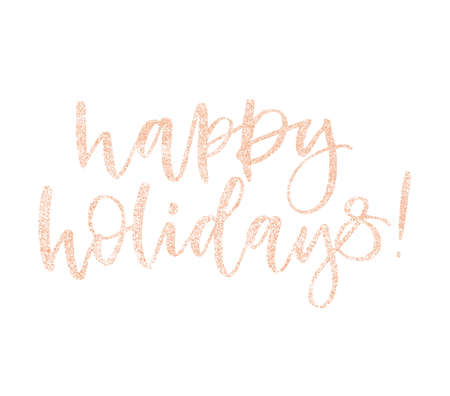 Happy holidays Christmas greeting card calligraphy glitter pink rose gold text. Handwritten invitation T-shirt print or paper design. Modern brush lettering white background isolated vector phrase.の写真素材