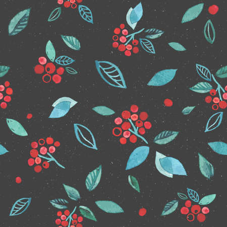 Watercolor seamless pattern with branches rowan berry. Winter cute hand drawn background. Dark gray with bright red colors drawing.のイラスト素材