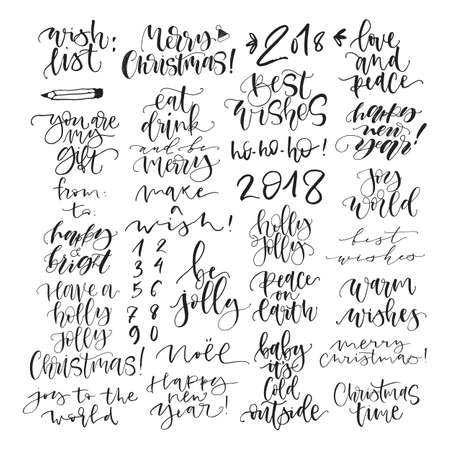 Big set of black ink christmas and happy new year celebration holidays hand lettering quotes for greeting card, banner, poster, calligraphy vector illustration collectionのイラスト素材
